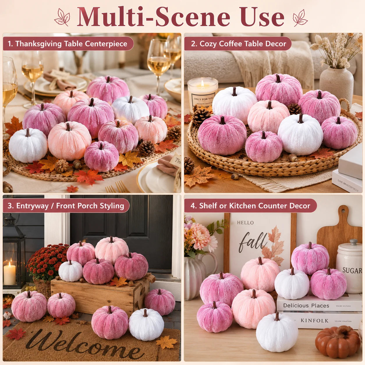 twelve piece pink faux velvet autumn pumpkin decoration set