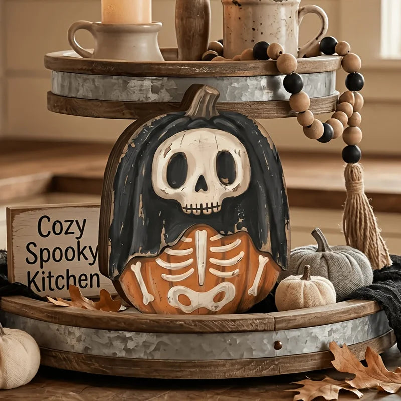 retro wooden autumn and Halloween shelf block decoration