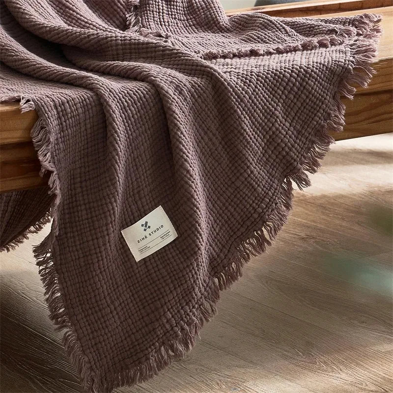 4-Layer Cotton Muslin Throw with Tassels – 2 Sizes – Dull Grey / 130x170cm