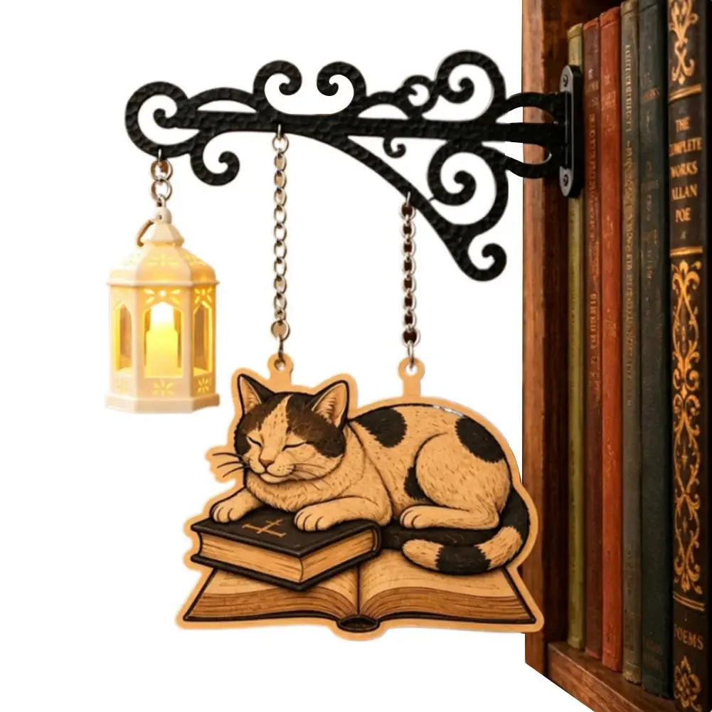 Cat Bookshelf Lantern Light – Vintage Reading Corner Décor