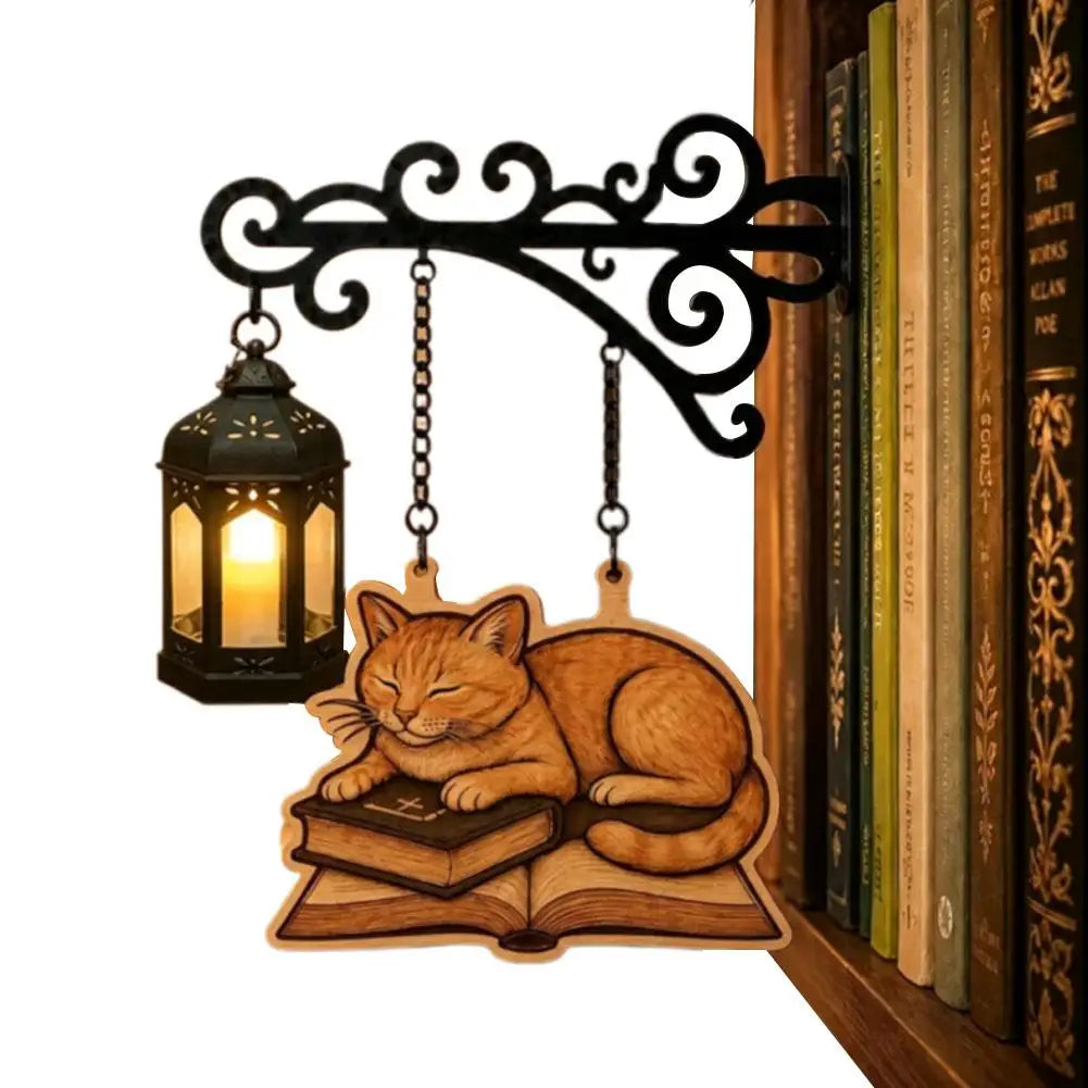Cat Bookshelf Lantern Light – Vintage Reading Corner Décor