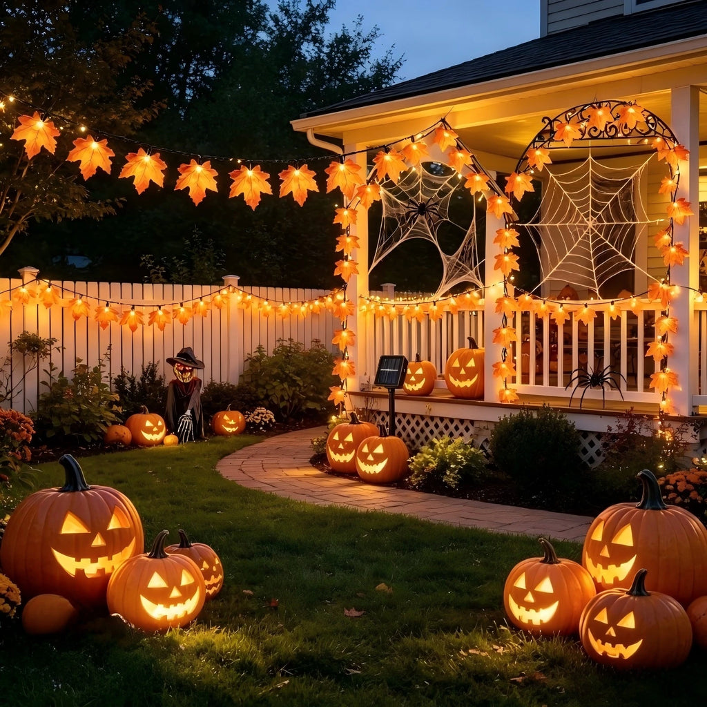 orange maple leaf autumn LED string lights warm white