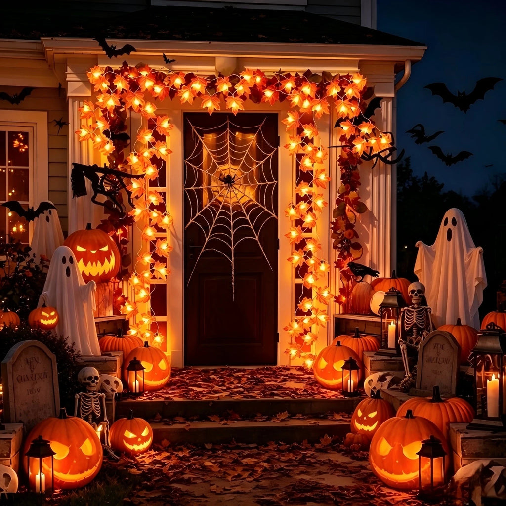orange maple leaf autumn LED string lights warm white