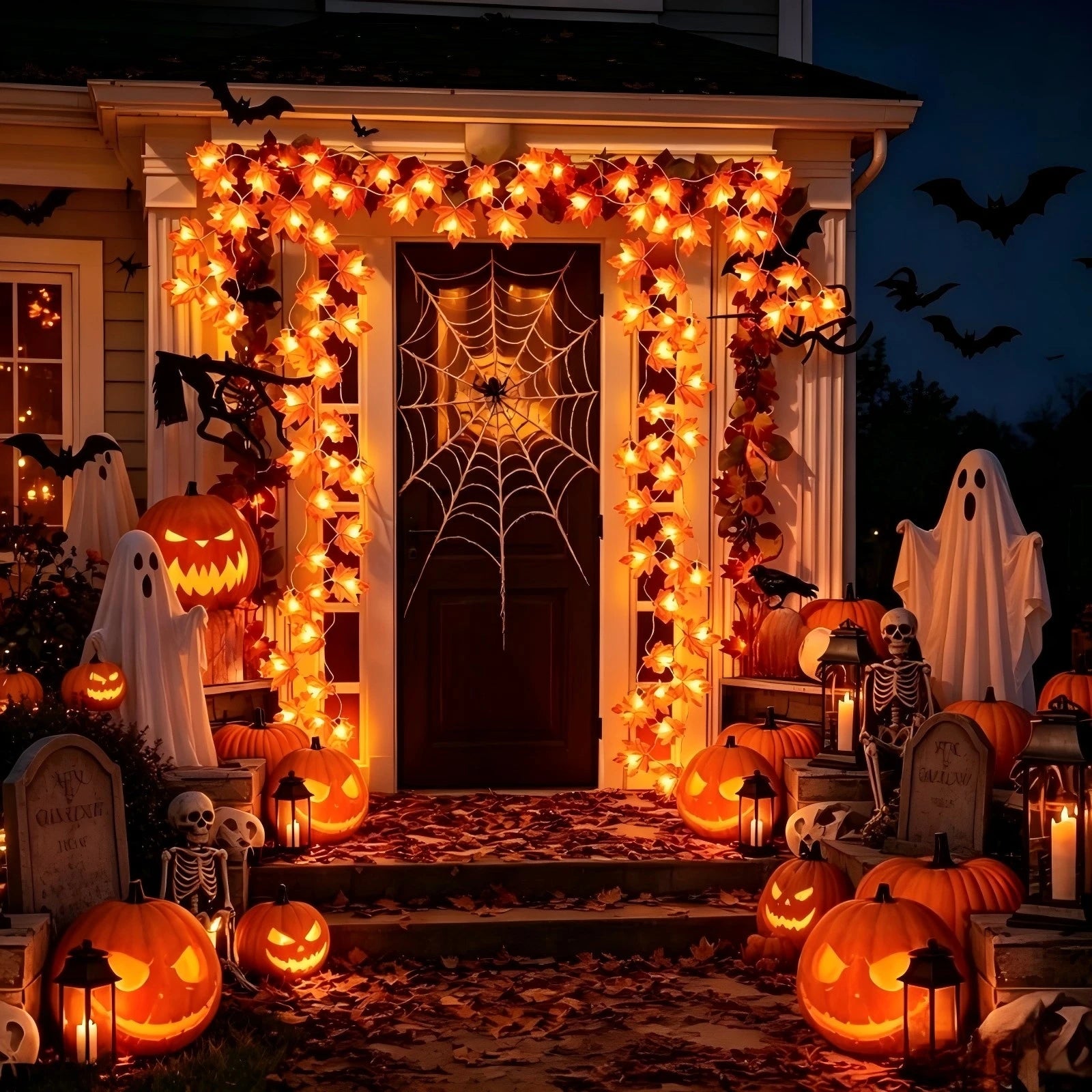 orange maple leaf autumn LED string lights warm white