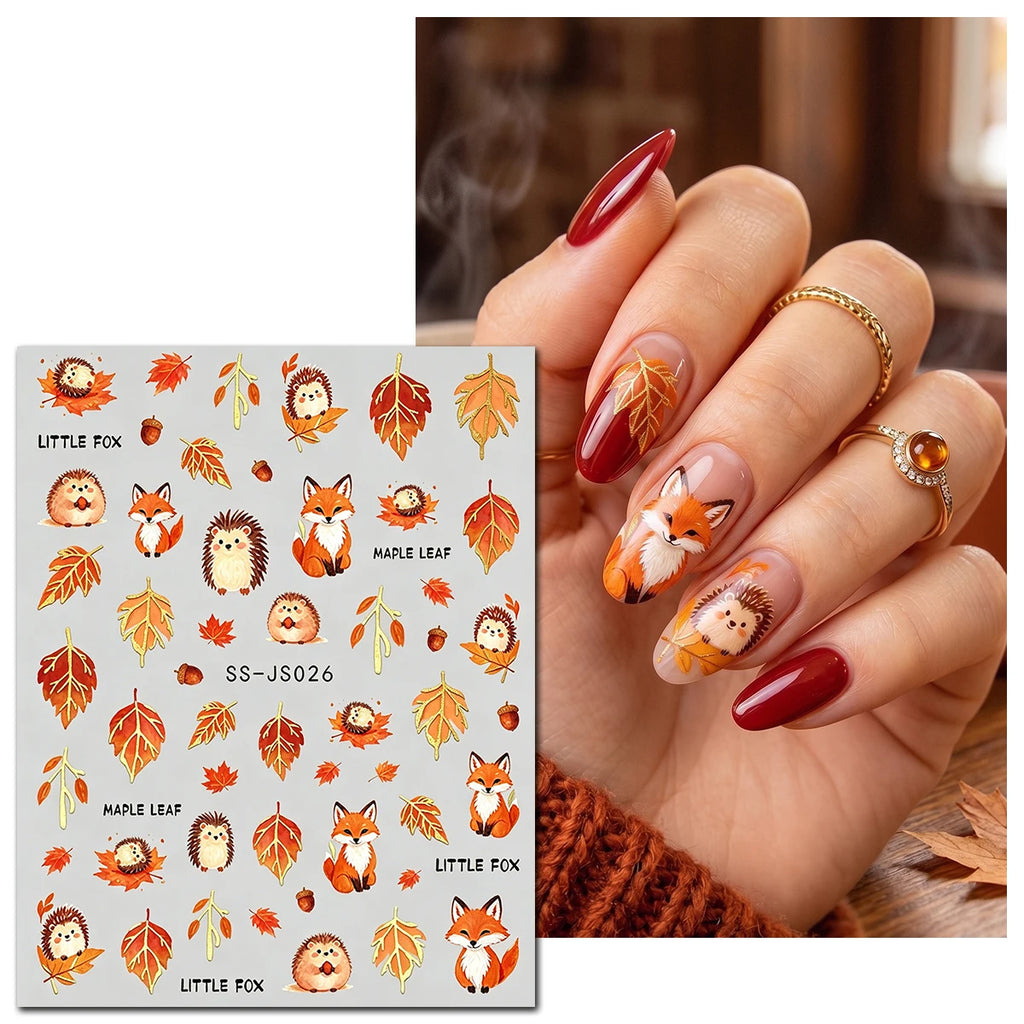 Metallic Autumn Nail Art Stickers – Fox, Hedgehog & Leaves