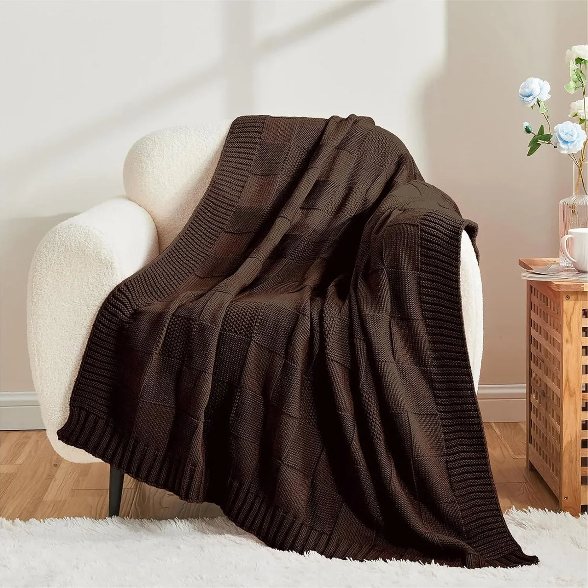 Boho Waffle-Knit Sofa Throw – 127 × 152cm