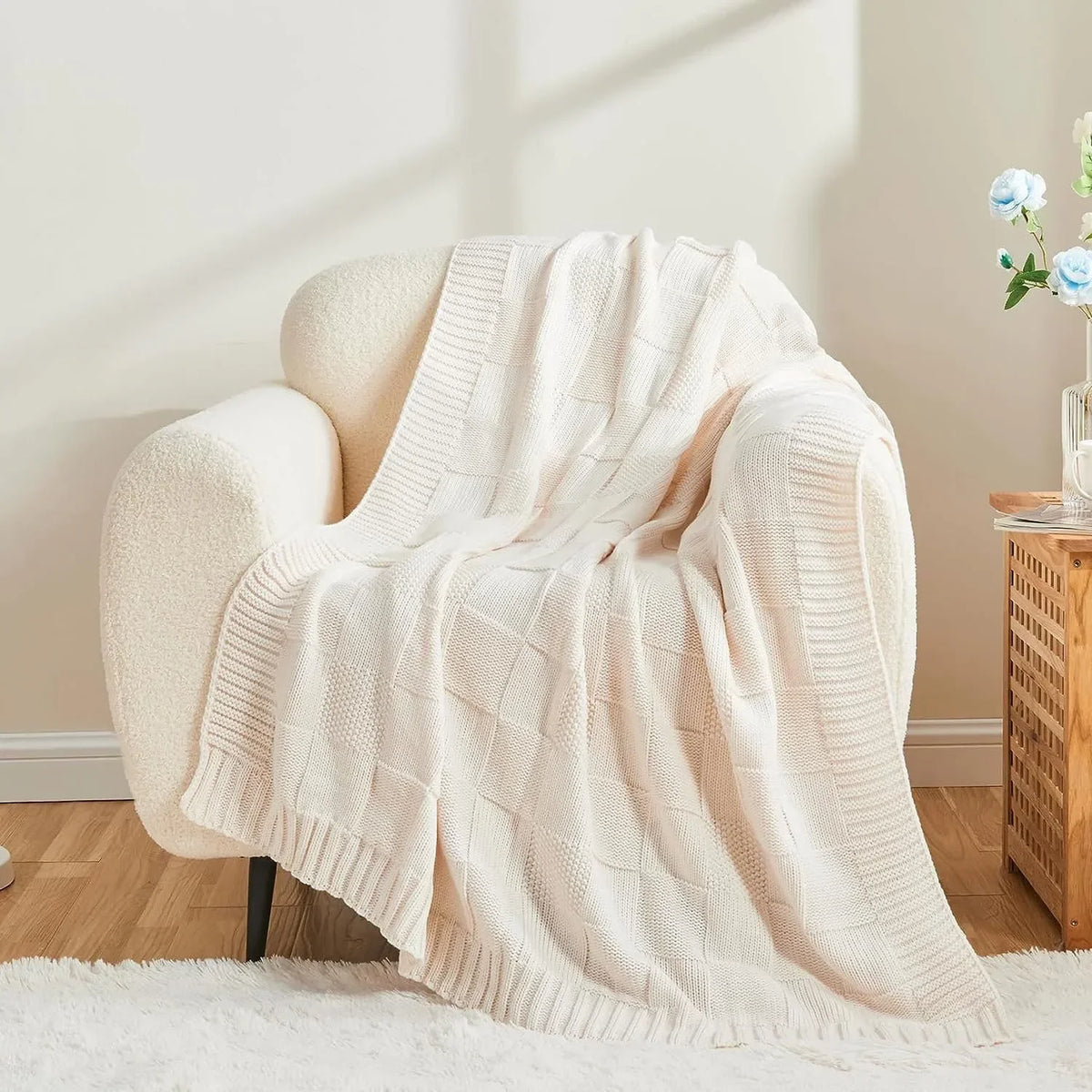 Boho Waffle-Knit Sofa Throw – 127 × 152cm