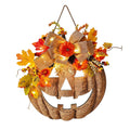 light up autumn pumpkin door hanger with maple leaves and bow
