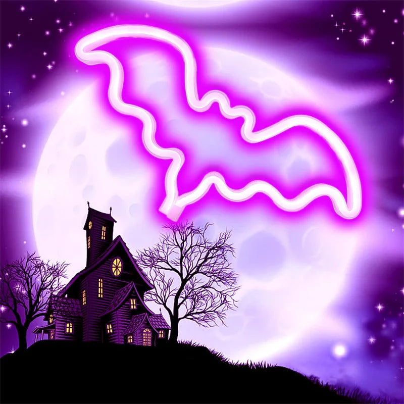 LED Bat & Moon Neon Halloween Light – 30cm – bat pink