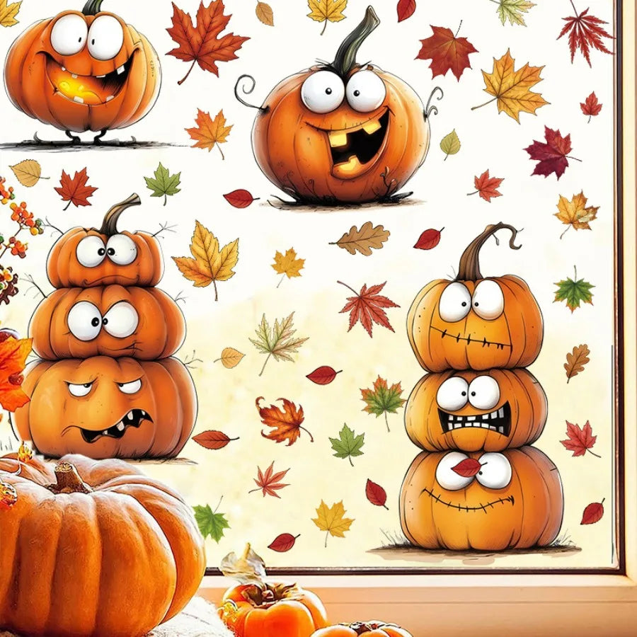 6-Piece Autumn Window Cling Set – Pumpkins & Maple Leaves