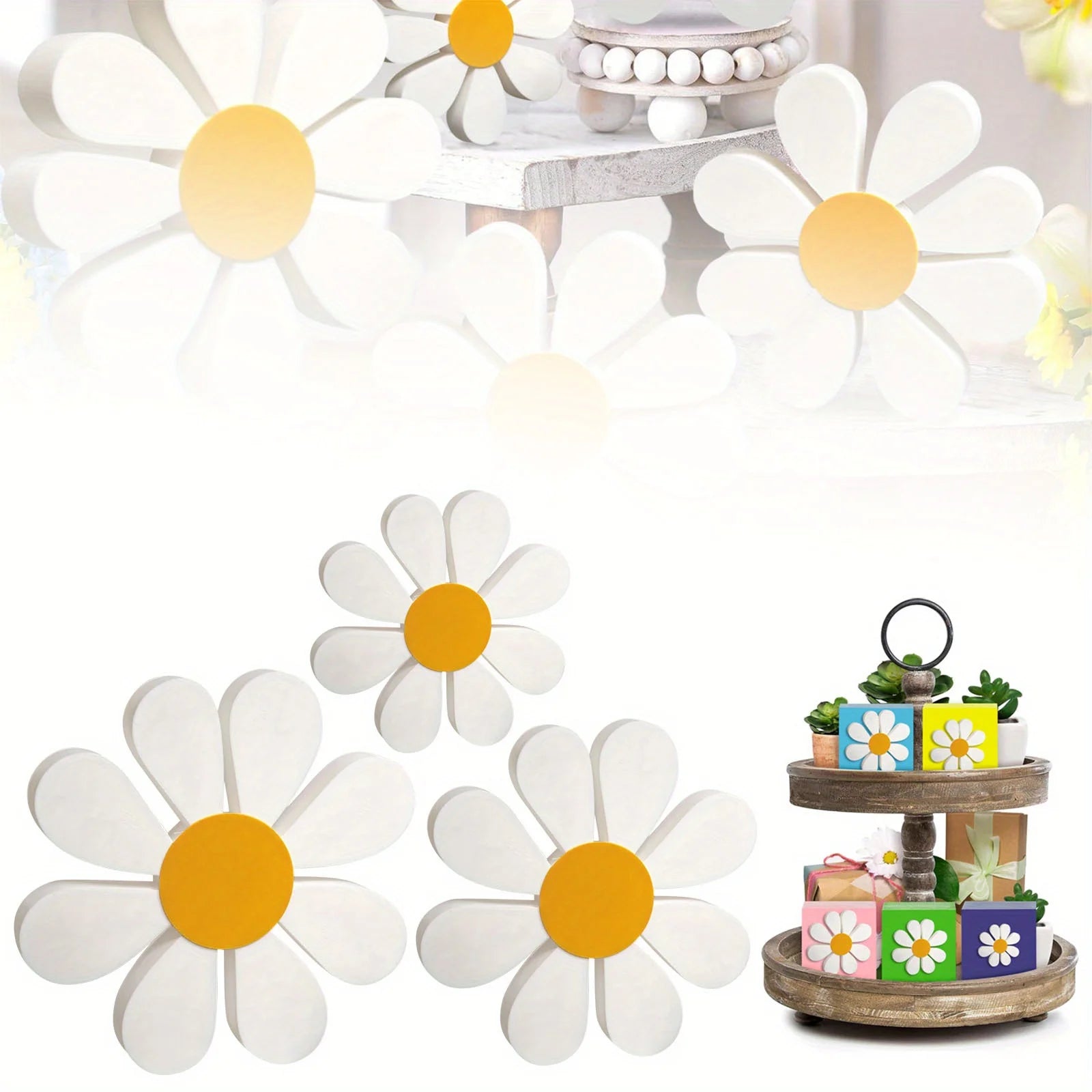 3-Piece Wooden Daisy Decoration – Vintage Floral Décor