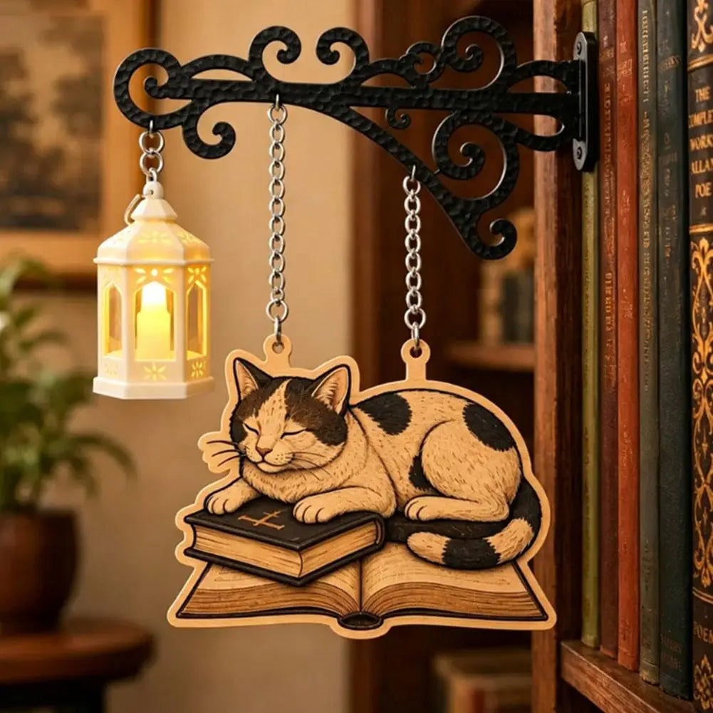 Cat Bookshelf Lantern Light – Vintage Reading Corner Décor