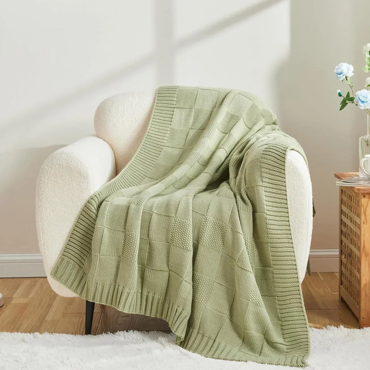 Boho Waffle-Knit Sofa Throw – 127 × 152cm – Blue / 127x152cm