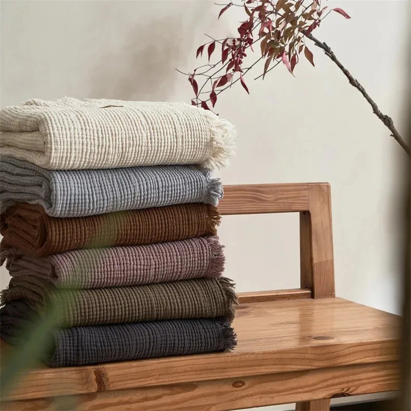 4-Layer Cotton Muslin Throw with Tassels – 2 Sizes – White / 200x230cm