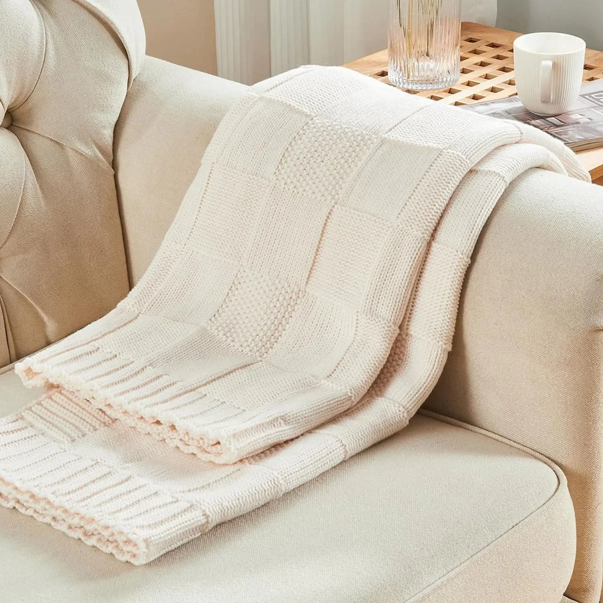 Boho Waffle-Knit Sofa Throw – 127 × 152cm – White / 127x152cm