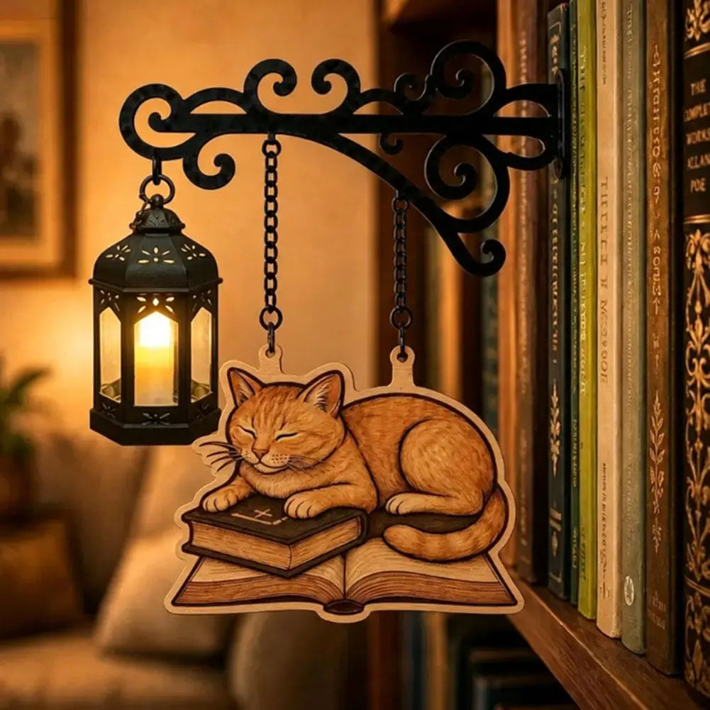 Cat Bookshelf Lantern Light – Vintage Reading Corner Décor