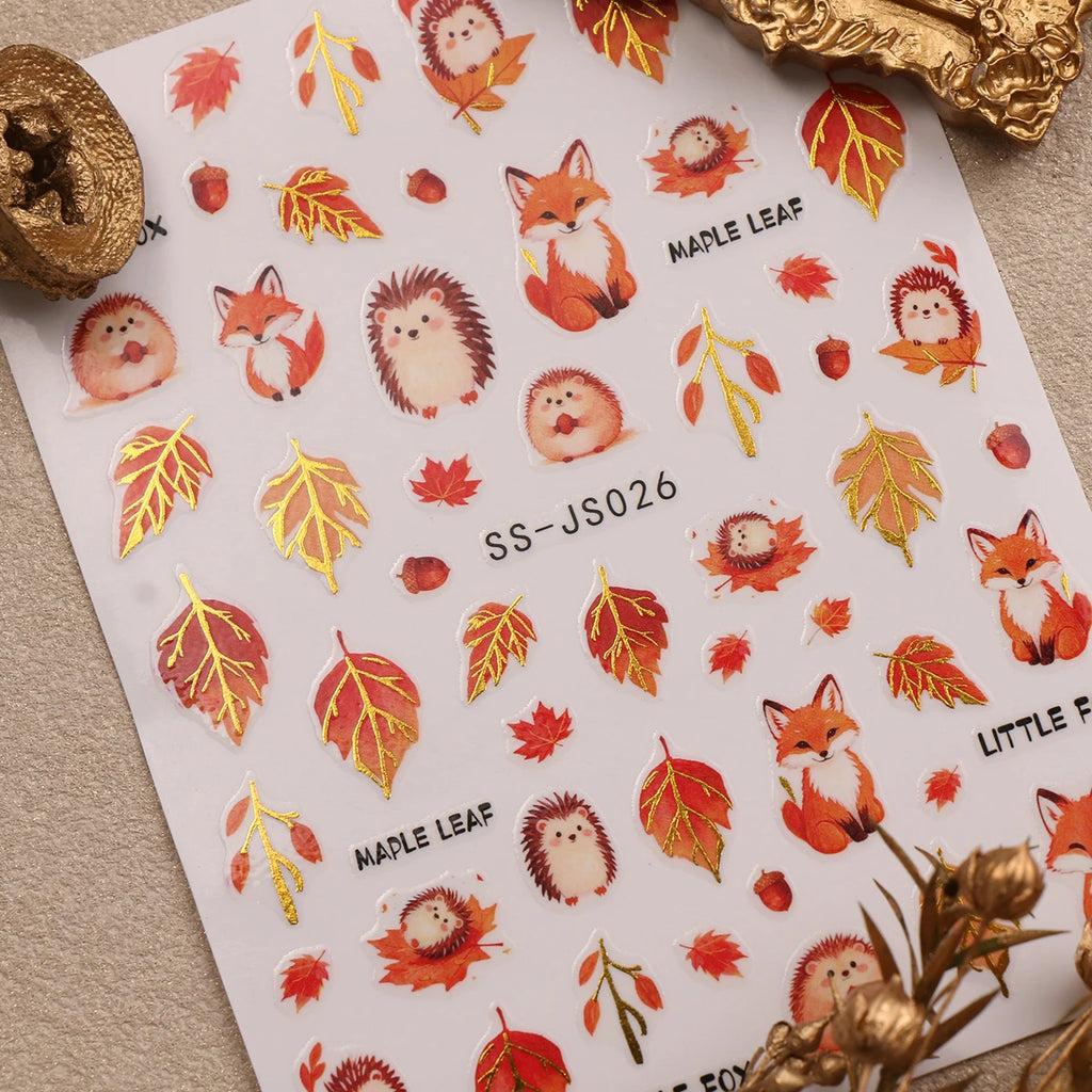Metallic Autumn Nail Art Stickers – Fox, Hedgehog & Leaves