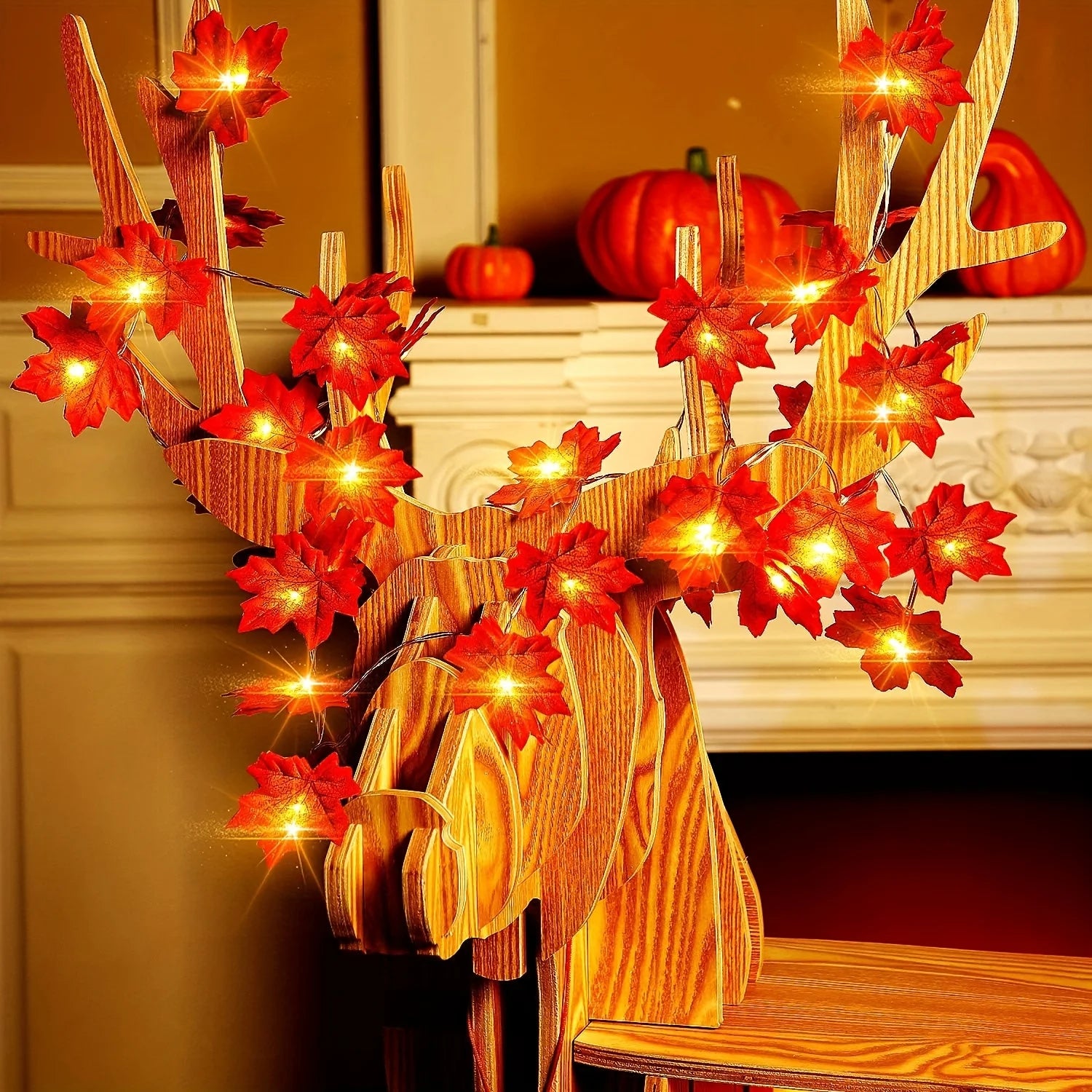 orange maple leaf autumn LED string lights warm white