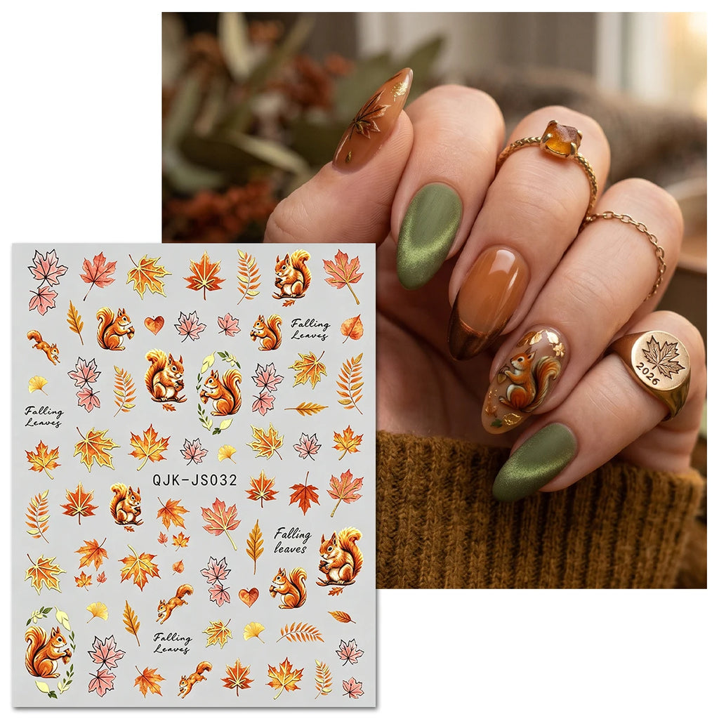 Metallic Autumn Nail Art Stickers – Fox, Hedgehog & Leaves