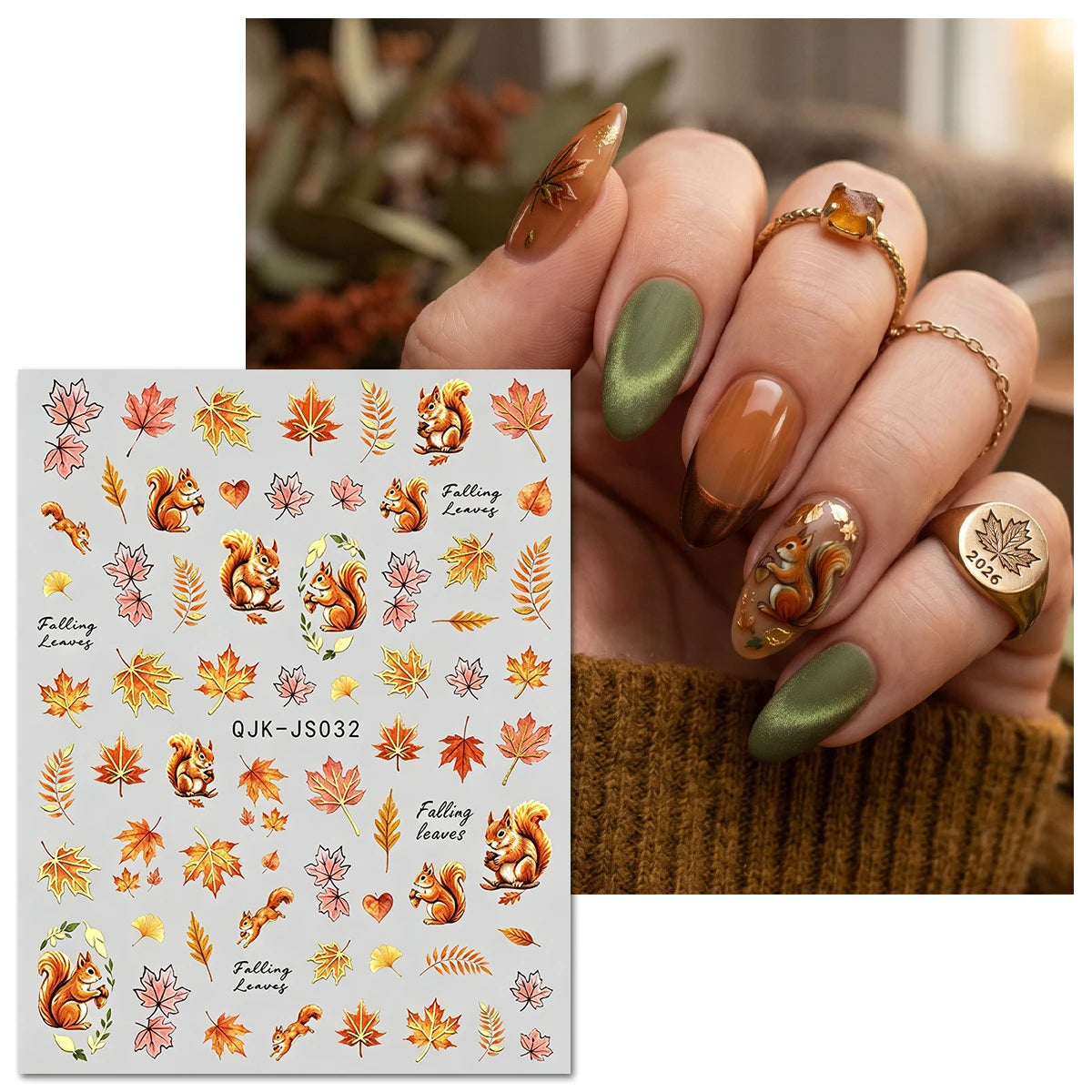 Metallic Autumn Nail Art Stickers – Fox, Hedgehog & Leaves