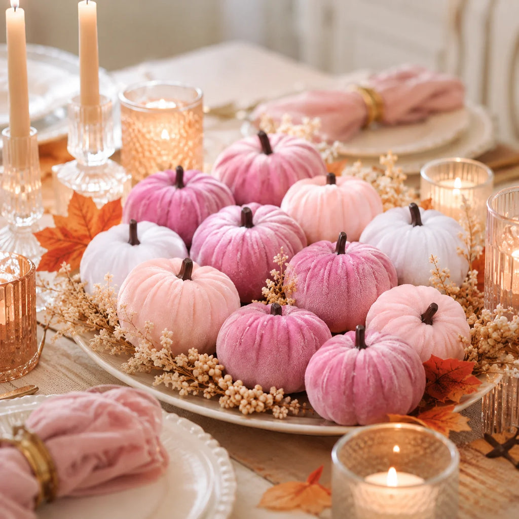 twelve piece pink faux velvet autumn pumpkin decoration set
