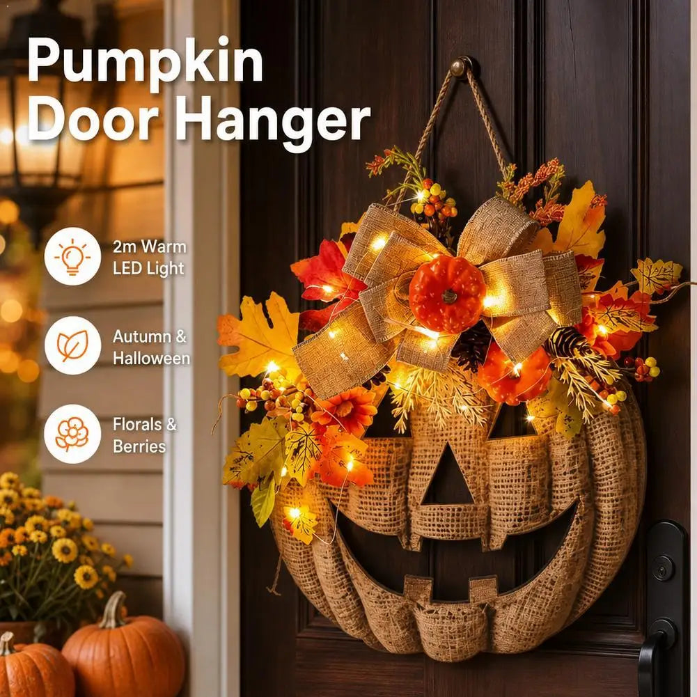light up autumn pumpkin door hanger with maple leaves and bow