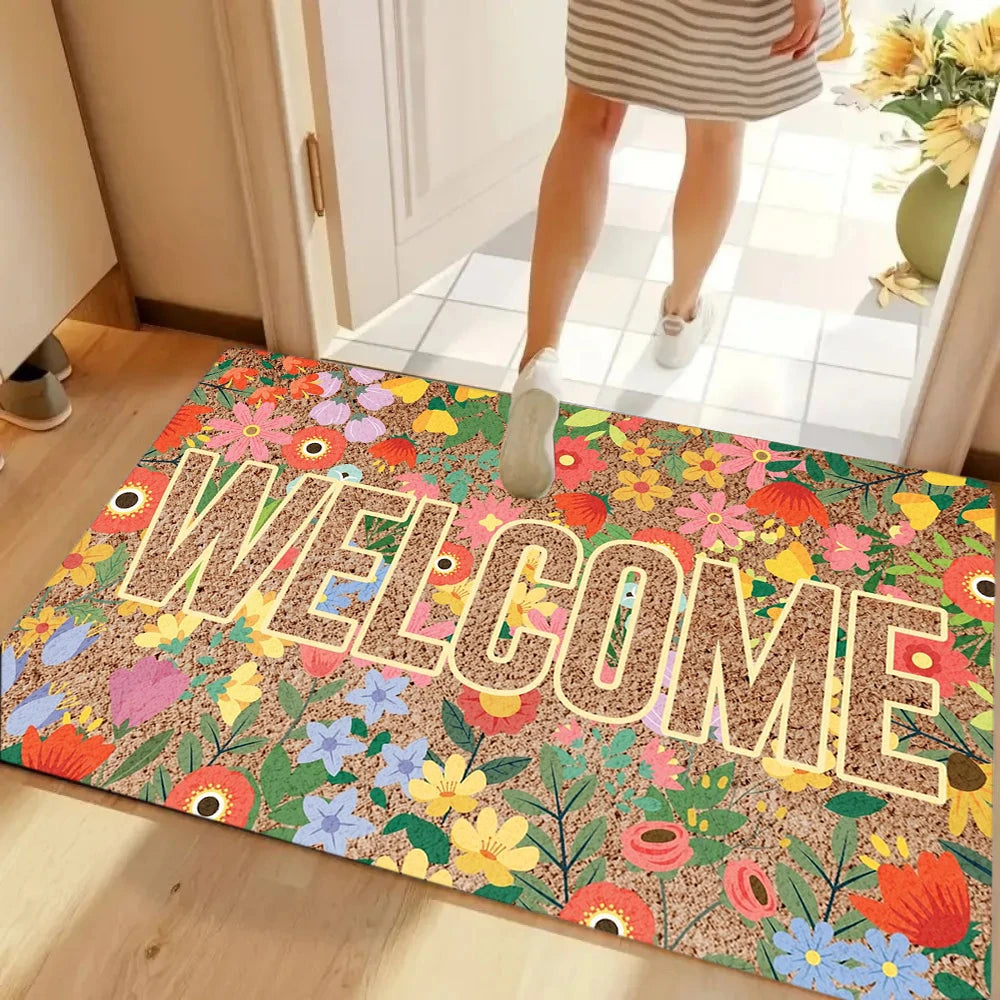 Retro Orange Floral Welcome Doormat