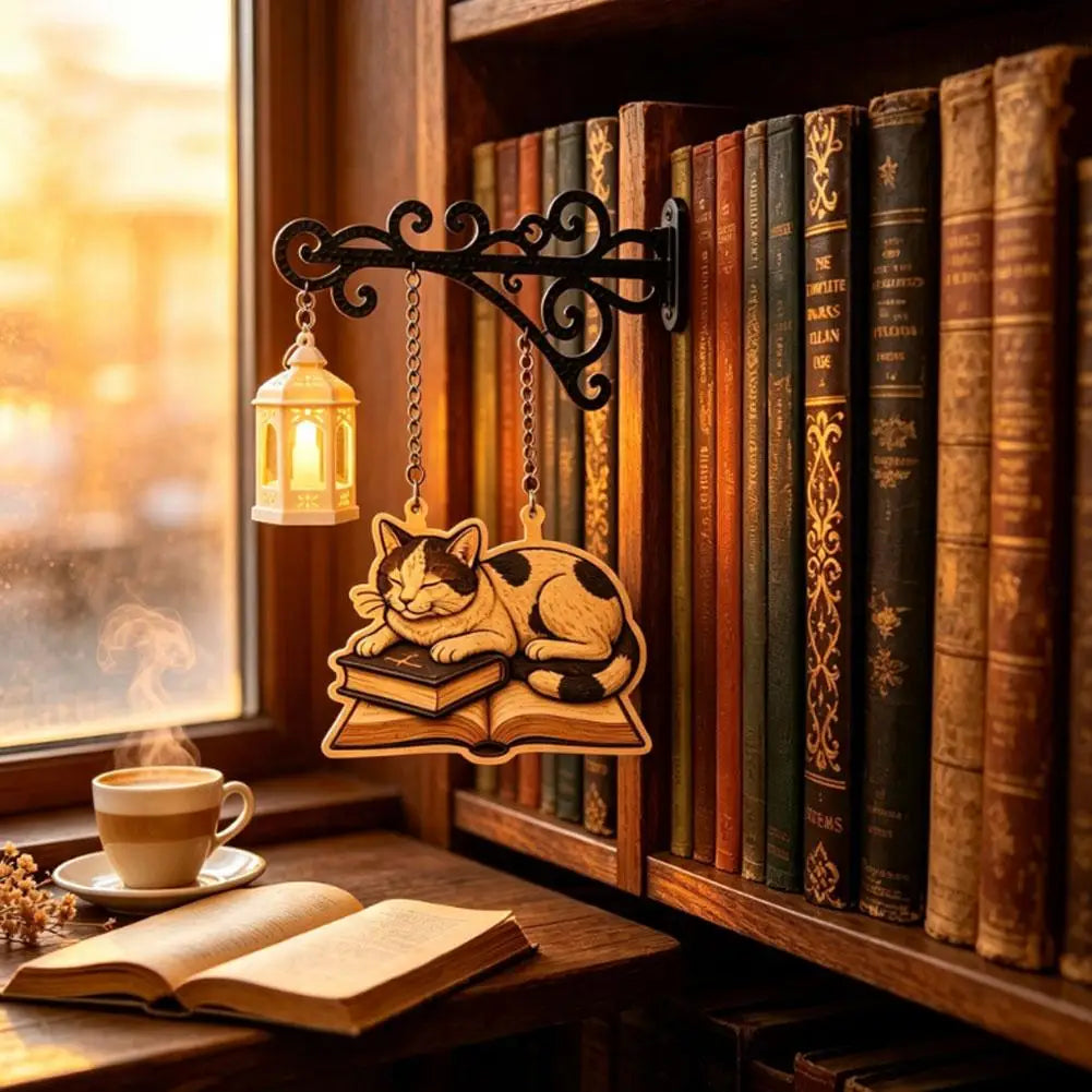 Cat Bookshelf Lantern Light – Vintage Reading Corner Décor