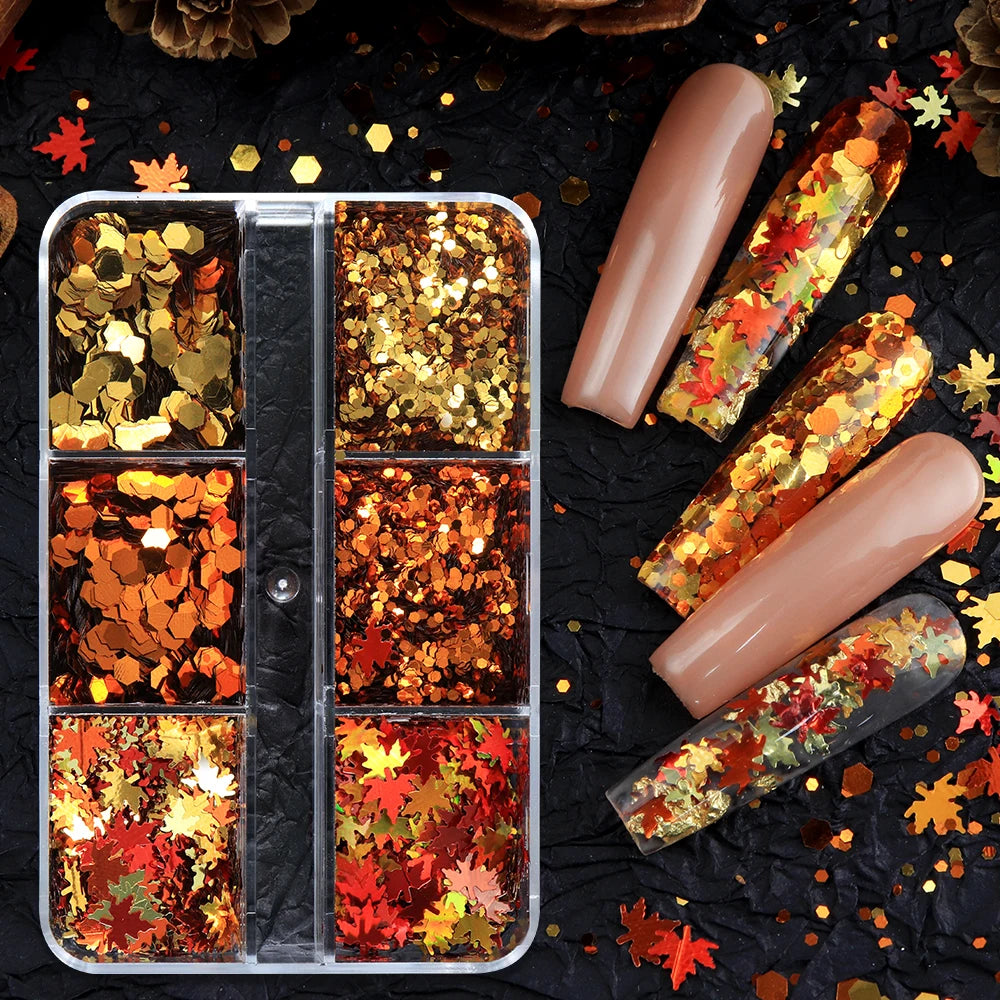 autumn maple leaf nail art glitter sequins
