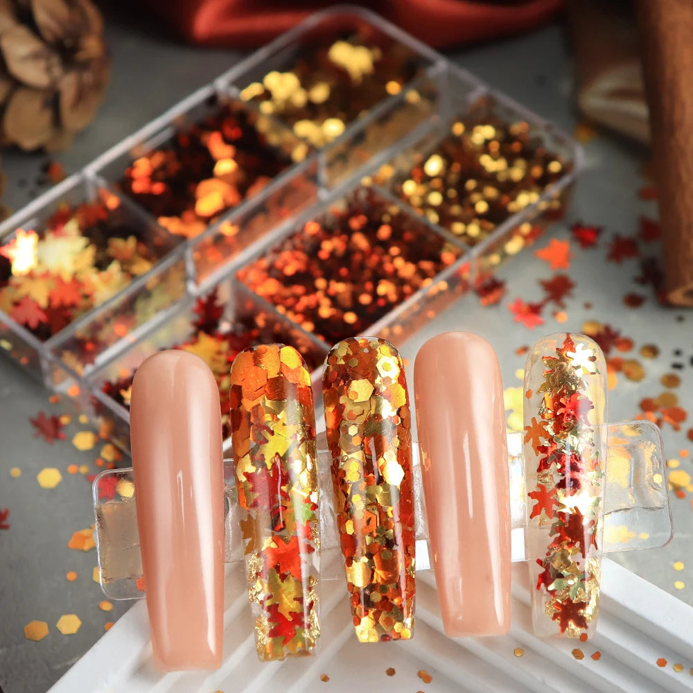 autumn maple leaf nail art glitter sequins