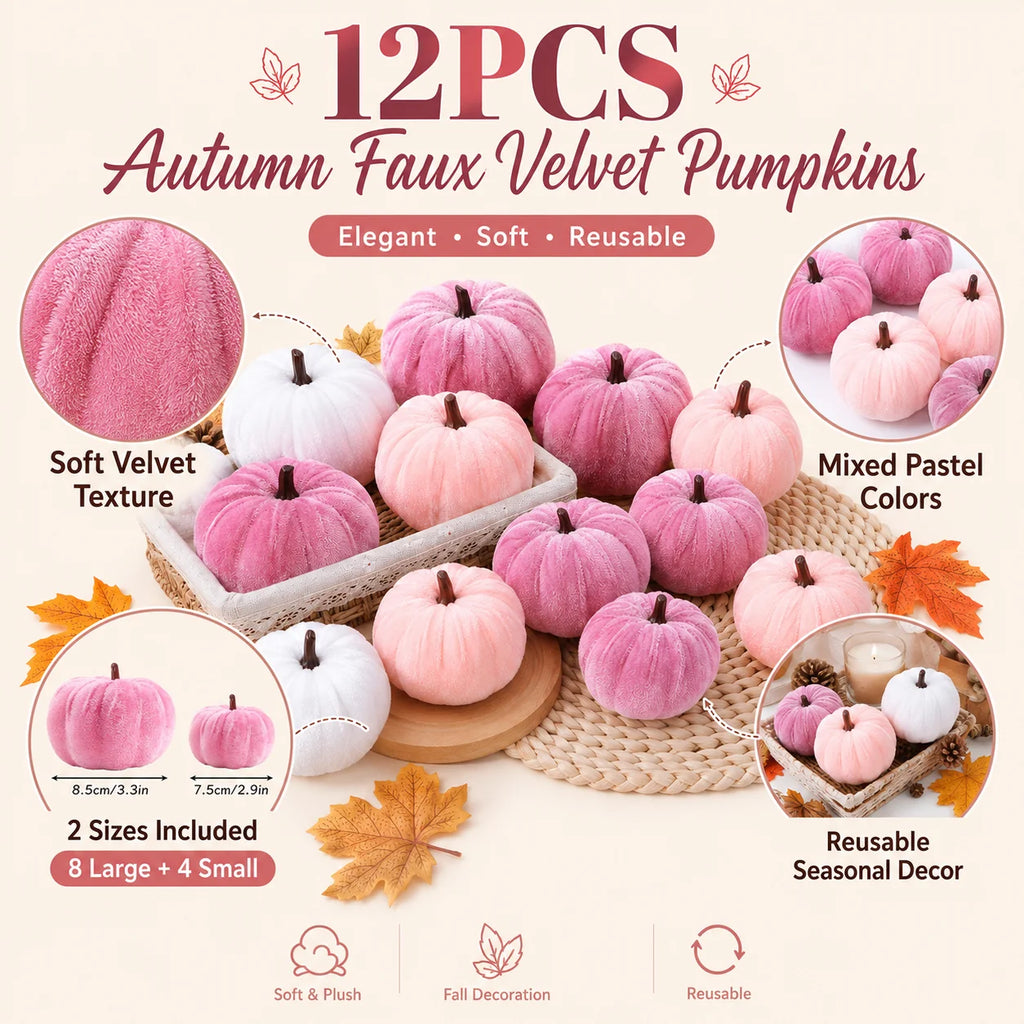 twelve piece pink faux velvet autumn pumpkin decoration set