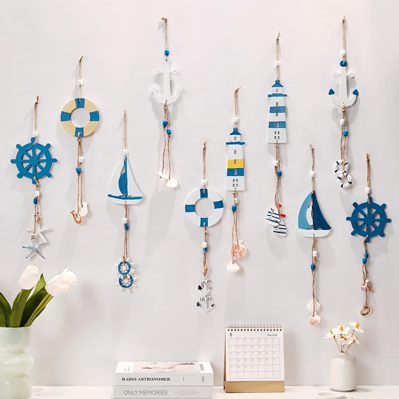 Mediterranean Style Decorative Ornaments Artistic Home Background Kindergarten Wall Hanging Lighthouse Sailboat Wooden Crafts