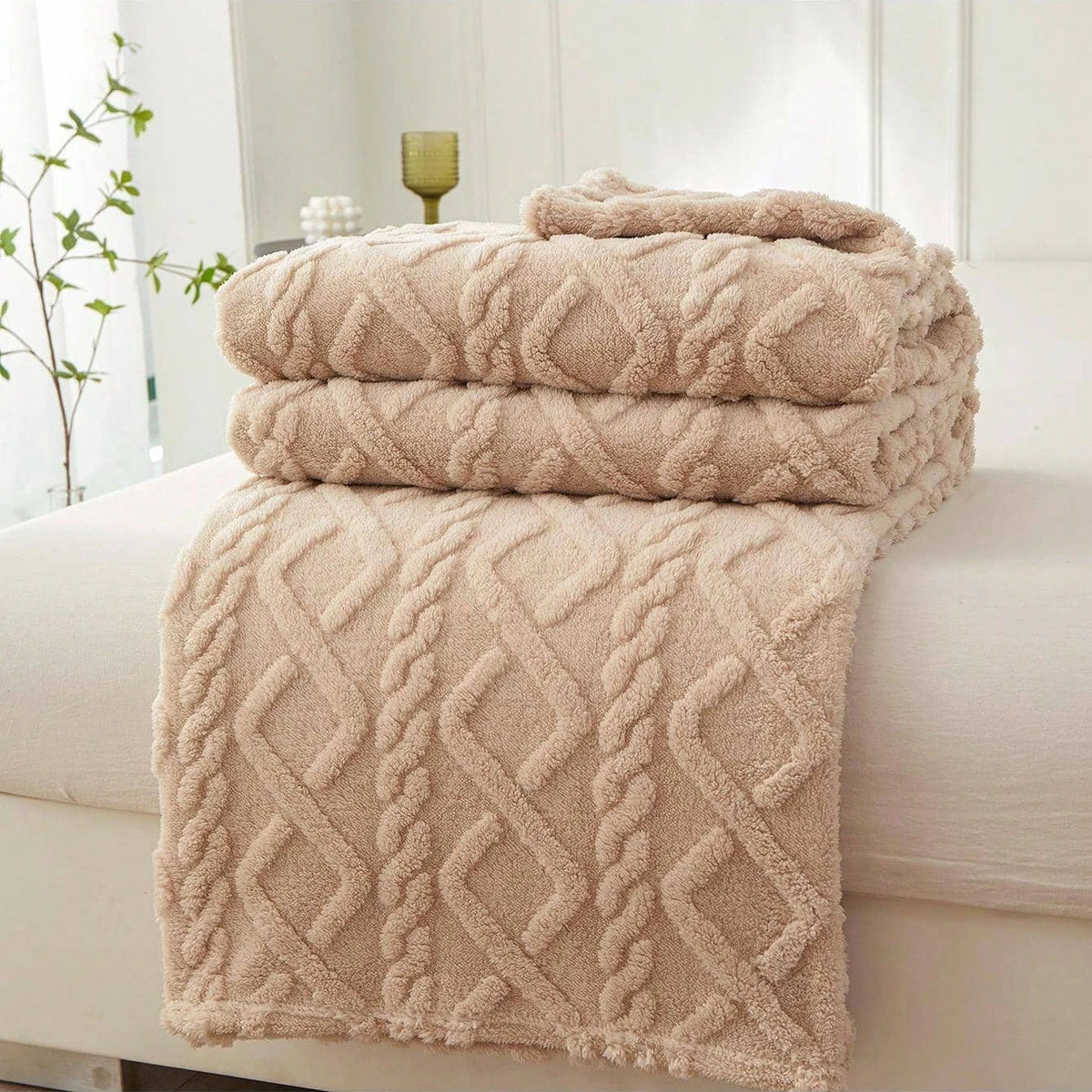 Geometric Coral Fleece Blanket – 7 Colours & 6 Sizes – Khaki / 70x100cm