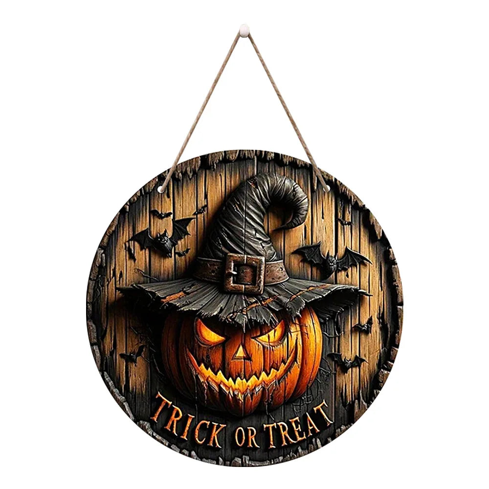 Wooden Halloween Round Sign – Pumpkin & Ghost 20 cm