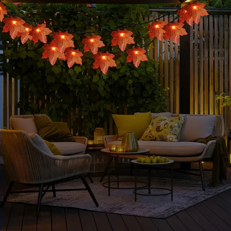 orange maple leaf autumn LED string lights warm white