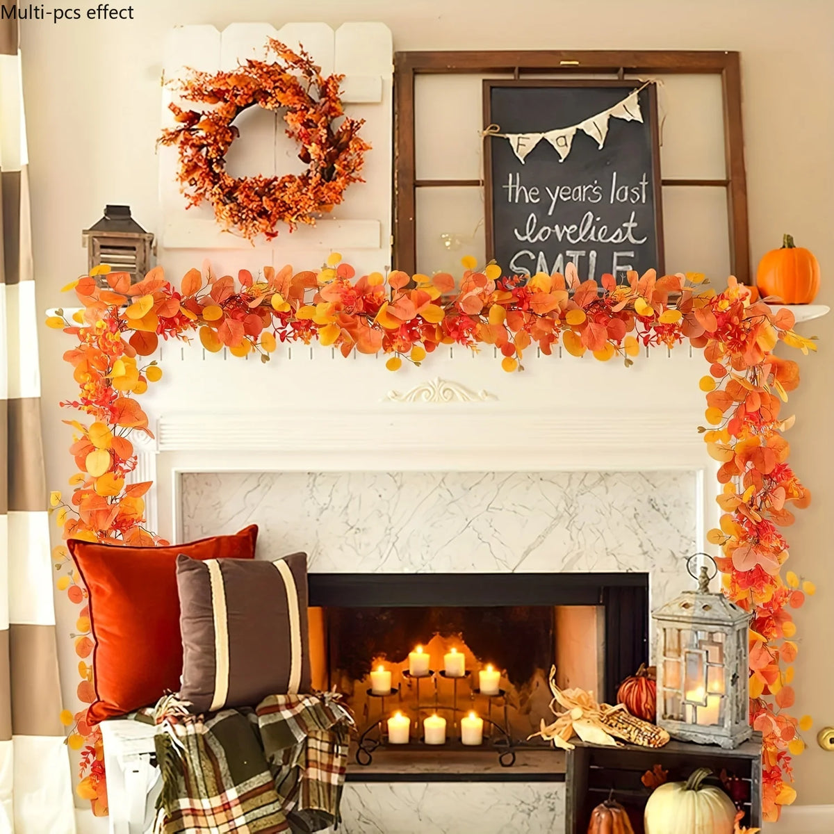 orange autumn eucalyptus and maple leaf hanging garland