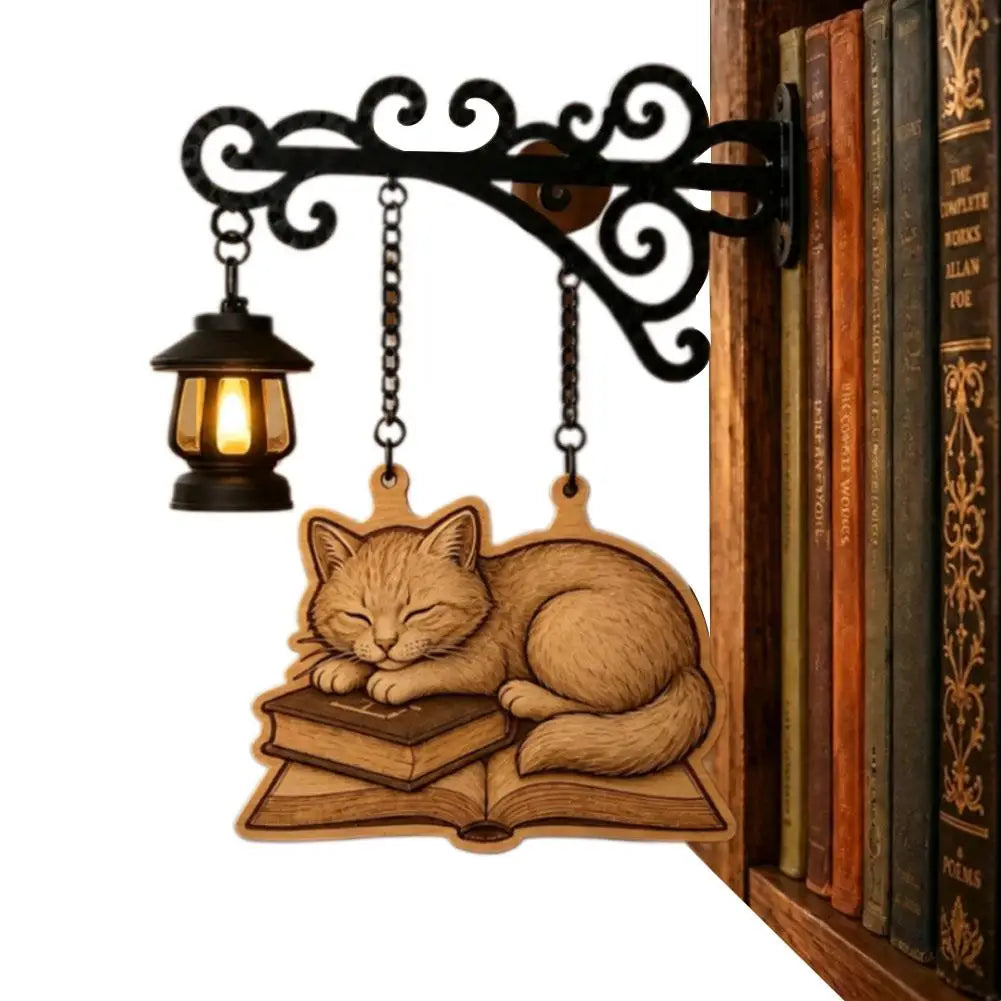 Cat Bookshelf Lantern Light – Vintage Reading Corner Décor