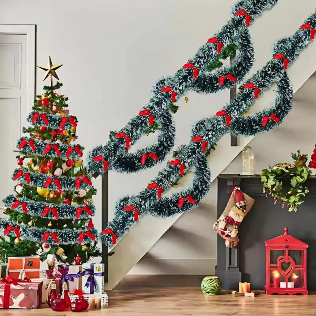 Green Christmas Garland with Bows & Baubles - LOWZY