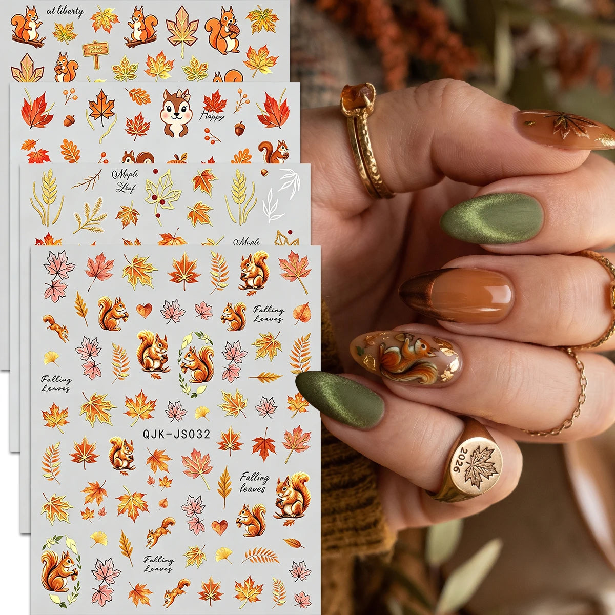 Metallic Autumn Nail Art Stickers – Fox, Hedgehog & Leaves