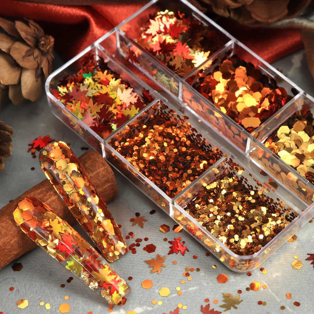 autumn maple leaf nail art glitter sequins