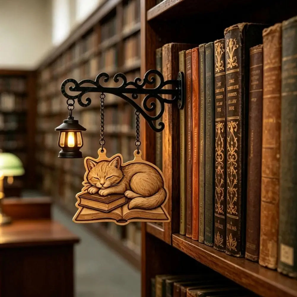 Cat Bookshelf Lantern Light – Vintage Reading Corner Décor