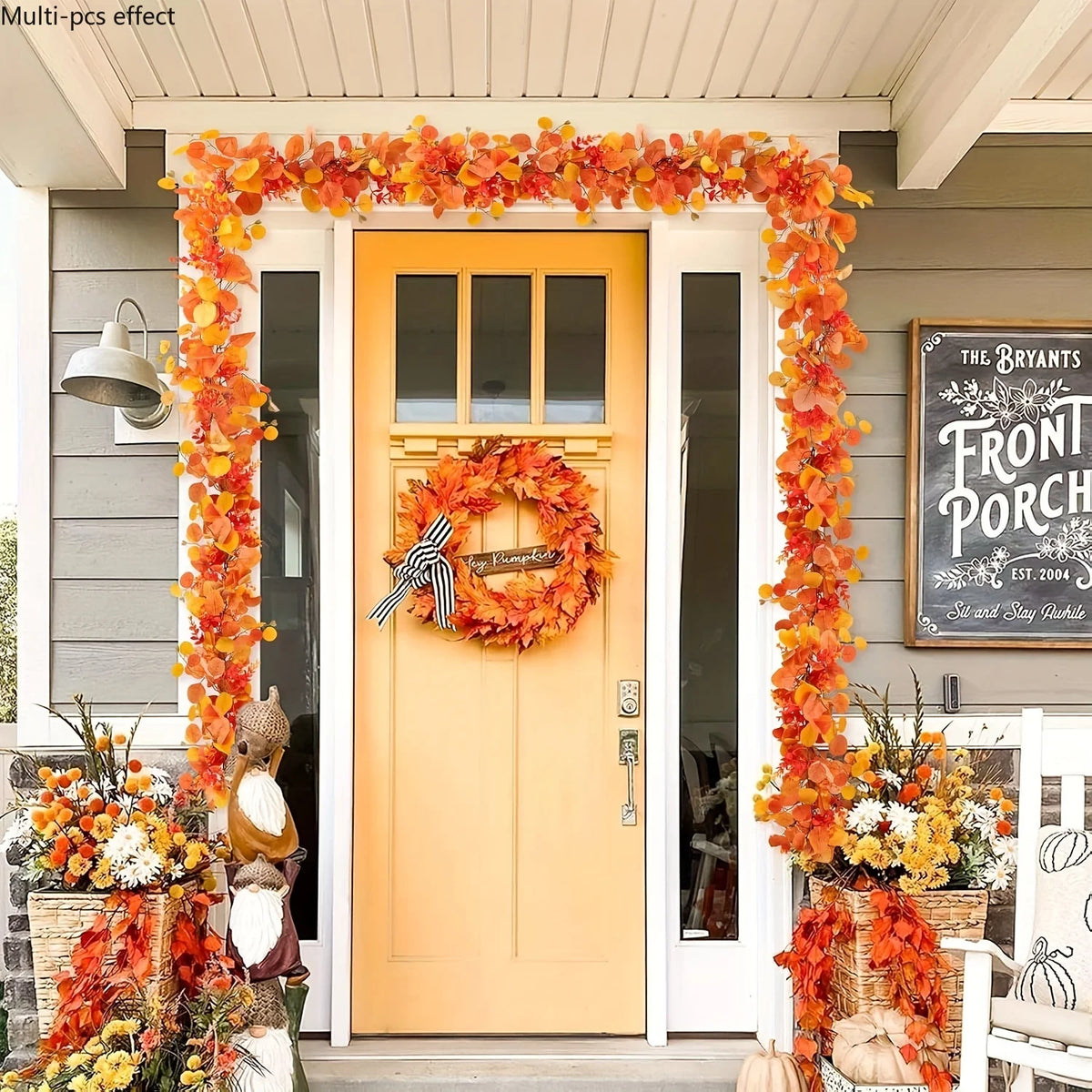 orange autumn eucalyptus and maple leaf hanging garland