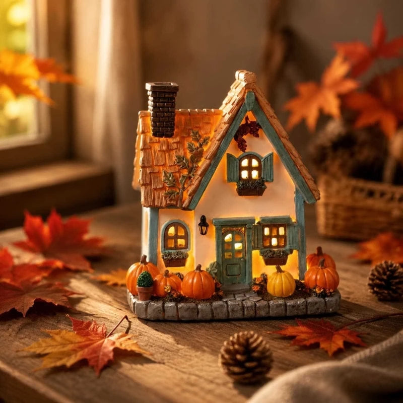 LED autumn pumpkin house resin ornament with warm light