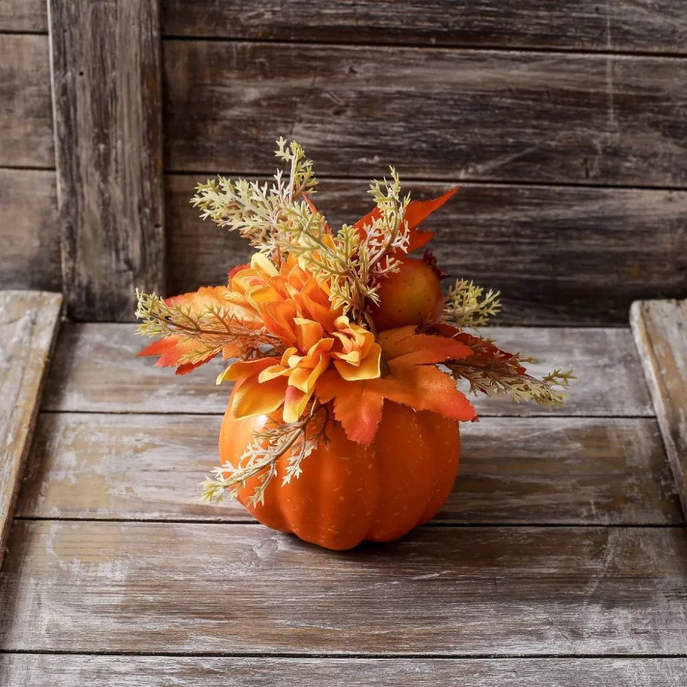 artificial autumn pumpkin ornament with chrysanthemum detail