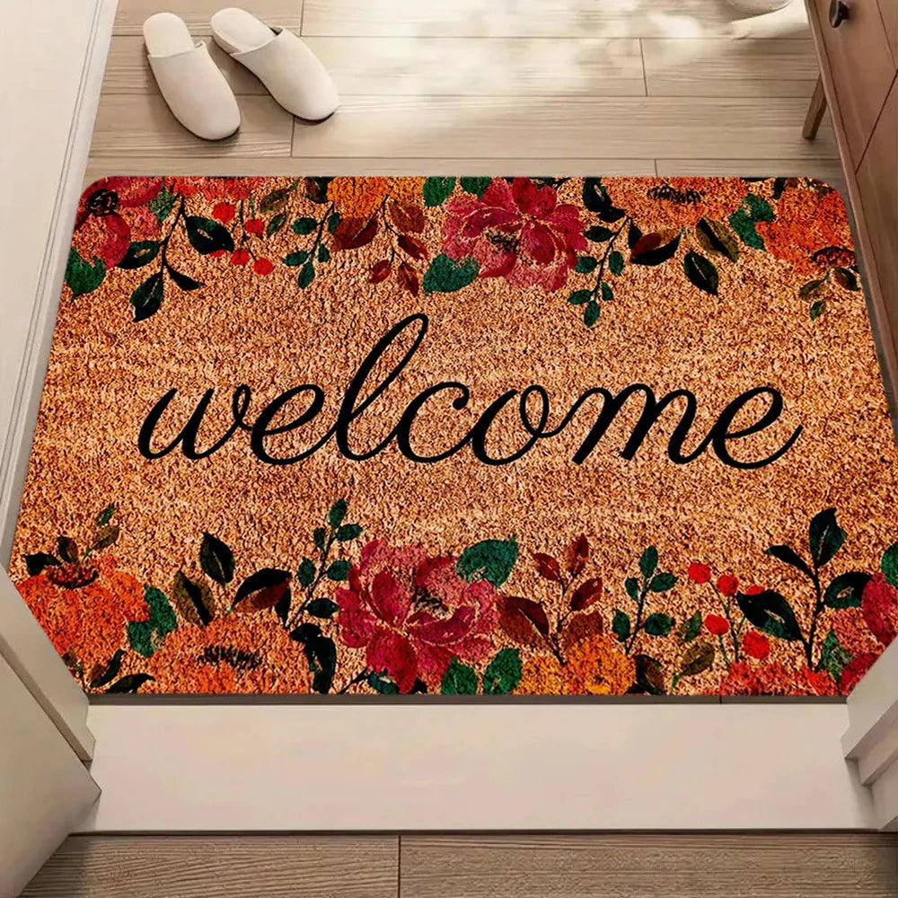Retro Orange Floral Welcome Doormat