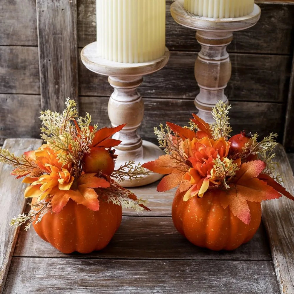 artificial autumn pumpkin ornament with chrysanthemum detail