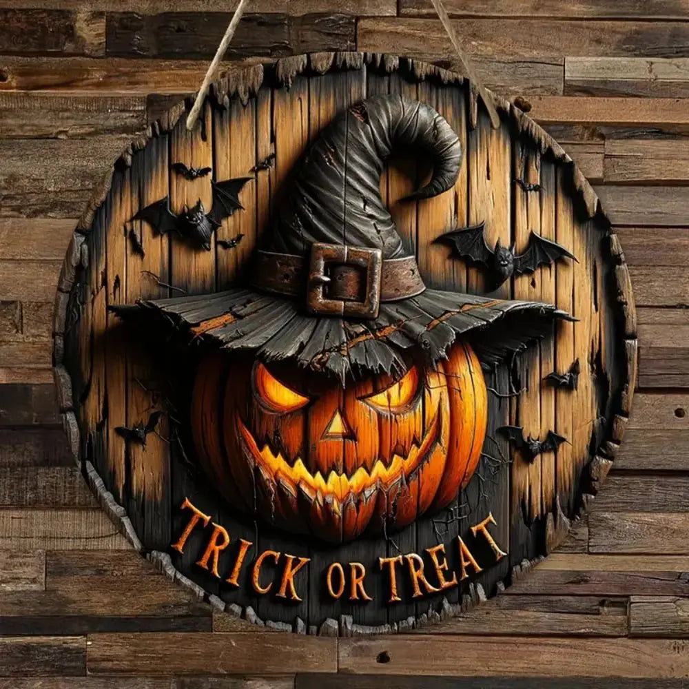 Wooden Halloween Round Sign – Pumpkin & Ghost 20 cm