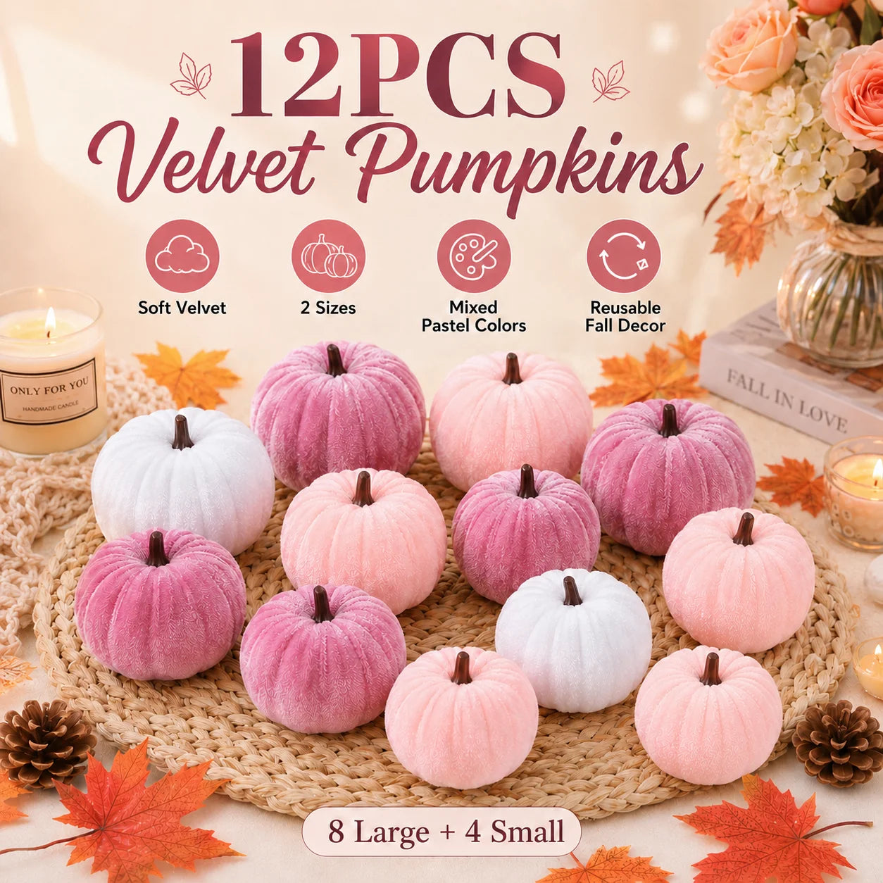 twelve piece pink faux velvet autumn pumpkin decoration set