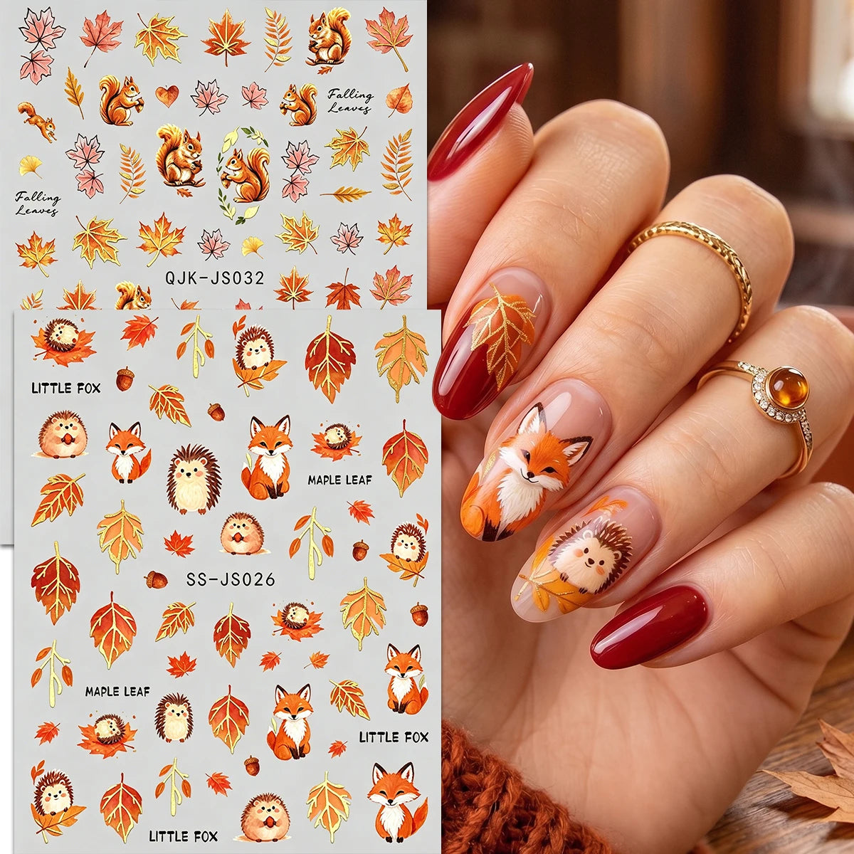 Metallic Autumn Nail Art Stickers – Fox, Hedgehog & Leaves