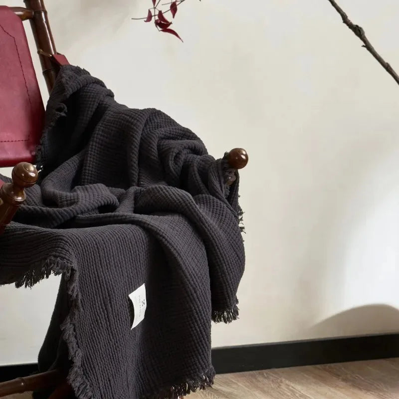 4-Layer Cotton Muslin Throw with Tassels – 2 Sizes – Dark Green / 130x170cm